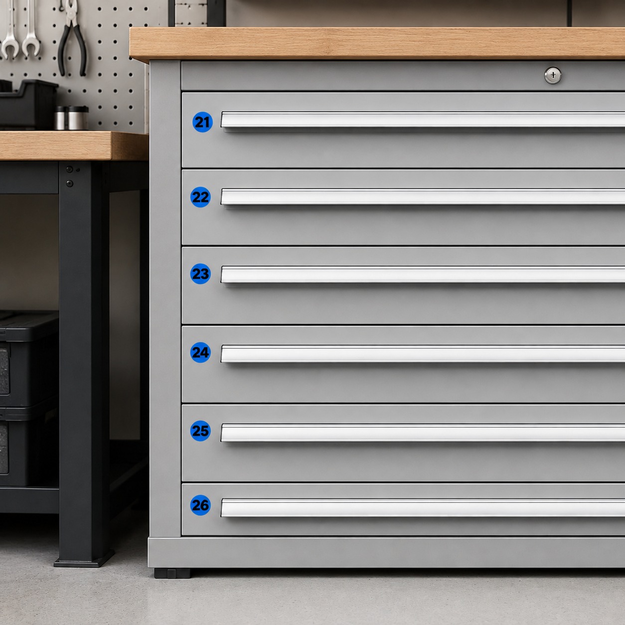 Blaue Zahlenaufkleber mit schwarzen Zahlen an einem Werkstattschrank