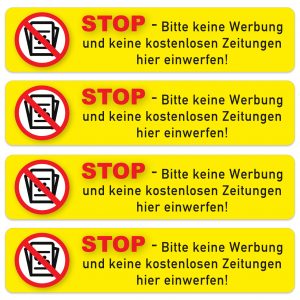Vier gelbe Briefkastenaufkleber Bitte keine Werbung in 112 × 25 mm