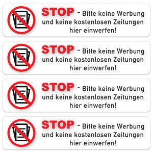 Vier weiße Briefkastenaufkleber Bitte keine Werbung in 112 × 25 mm