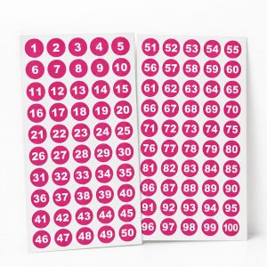 100 runde Zahlenaufkleber von 1 bis 100, 30 mm, weiß auf pink