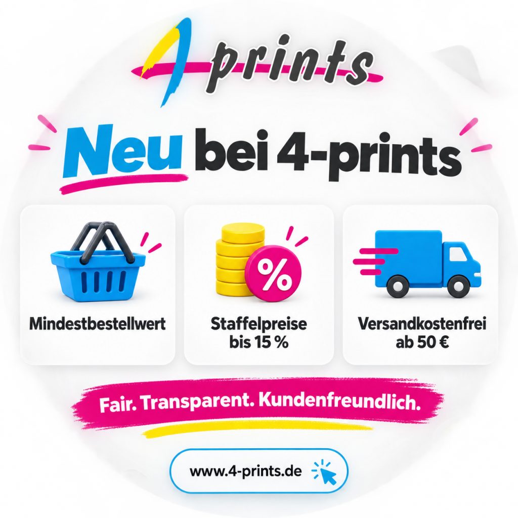 Neu bei 4-prints - Staffelpreise, Mindestbestellwert und kostenloser Versand