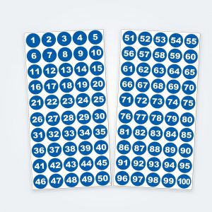 Zahlenaufkleber 1–100, Ø 30 mm, weiß auf blau