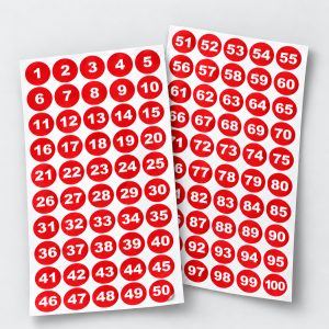 Zahlenaufkleber 1–100, Ø 30 mm, weiß auf rot